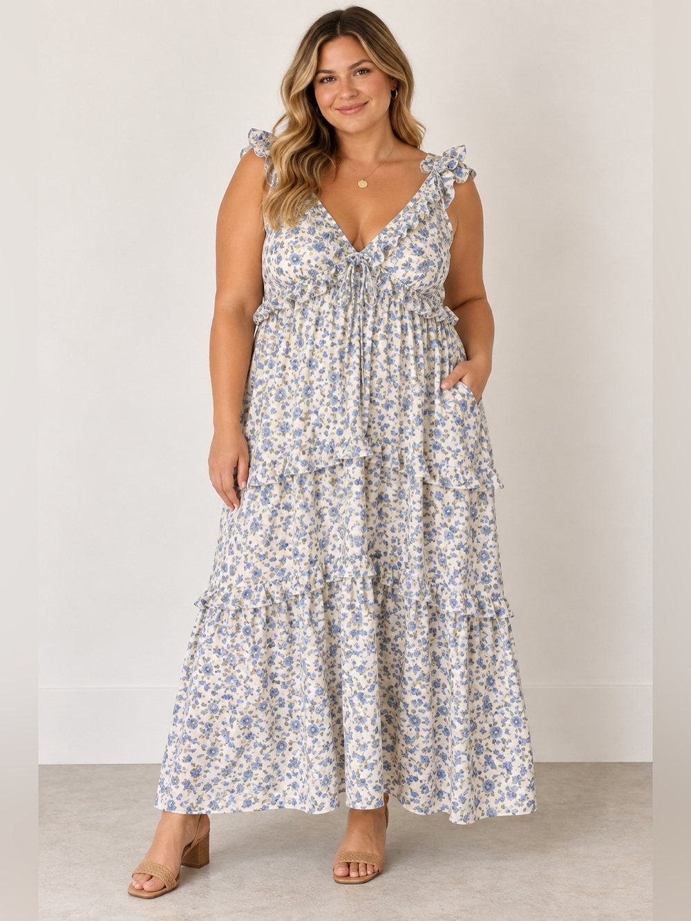 ARULA Blue and White Floral Maxi Dress